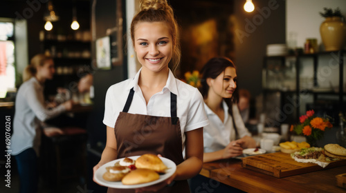 Welcoming Waitress holding tray and smiling,AI generated