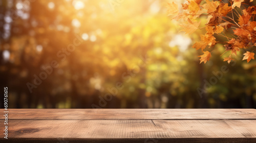 Empty Space on Wooden Table with Fall Theme.  Useful for Mock Up. © Karl