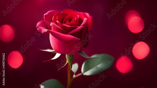Red rose on a red bokeh lights background.