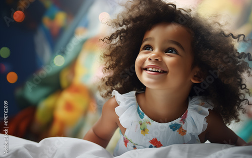 Une petite fille métisse souriante avec des cheveux bouclés, dans sa chambre photo
