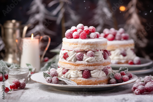 sweet cake with berries on a beautiful christmas background