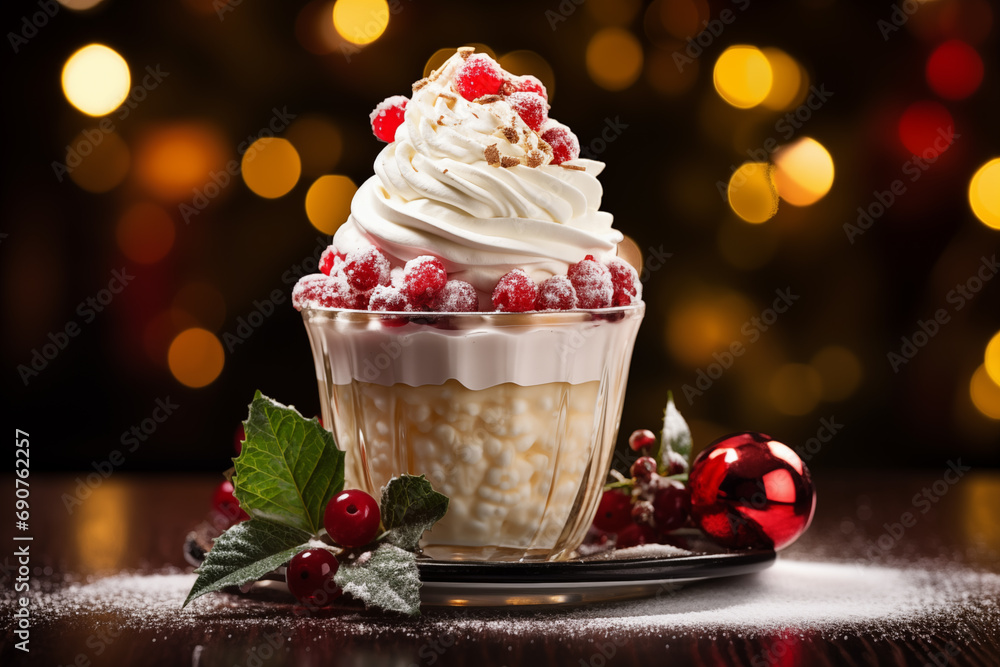 sweet cake with berries on a beautiful christmas background