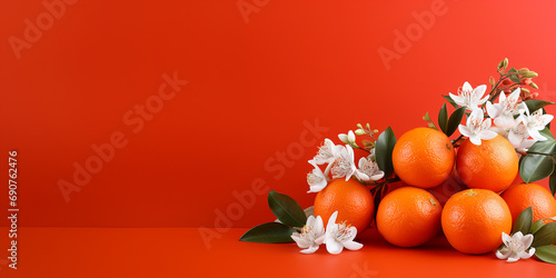 flowers, mandarins, festival decorations on red background. ai generative photo