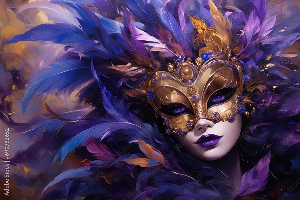 Woman wearing venetian carnival mask with purple and orange furthers