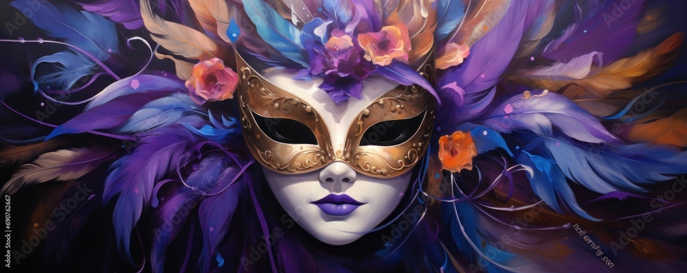 venetian carnival mask with purple and orange furthers festive banner