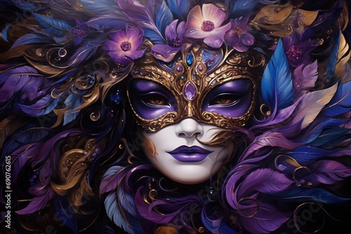 Woman wearing venetian carnival mask with purple and orange furthers © lublubachka