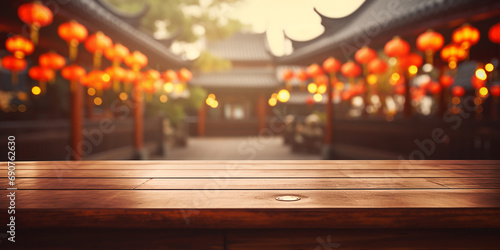 empty wooden table, blurred chinese festival background. ai generative photo