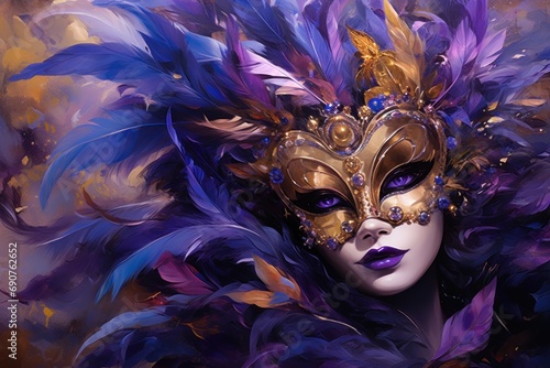 Woman wearing venetian carnival mask with purple and orange furthers