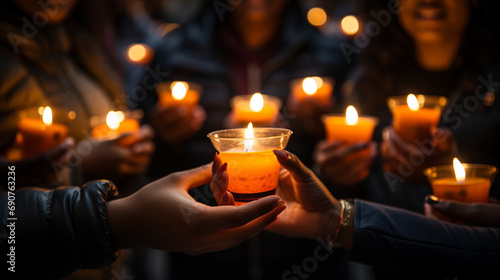 Glowing Candles in Support: A close-up shot of a group of people holding glowing candles in the dark, symbolizing their commitment to Earth Hour and the global effort to reduce ene