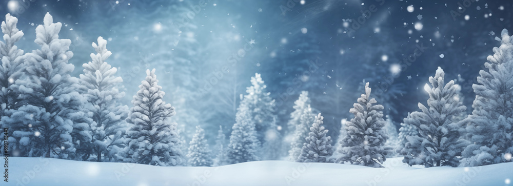 Naklejka premium Enchanted snowy forest with sparkling light flurries.