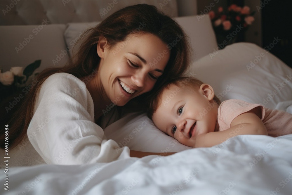 Happy mother and newborn baby embracing in bed Happy mother and newborn baby embracing in bed
