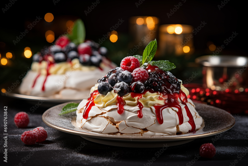 sweet cake with berries on a beautiful christmas background