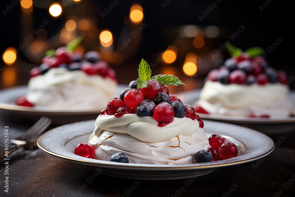 sweet cake with berries on a beautiful christmas background