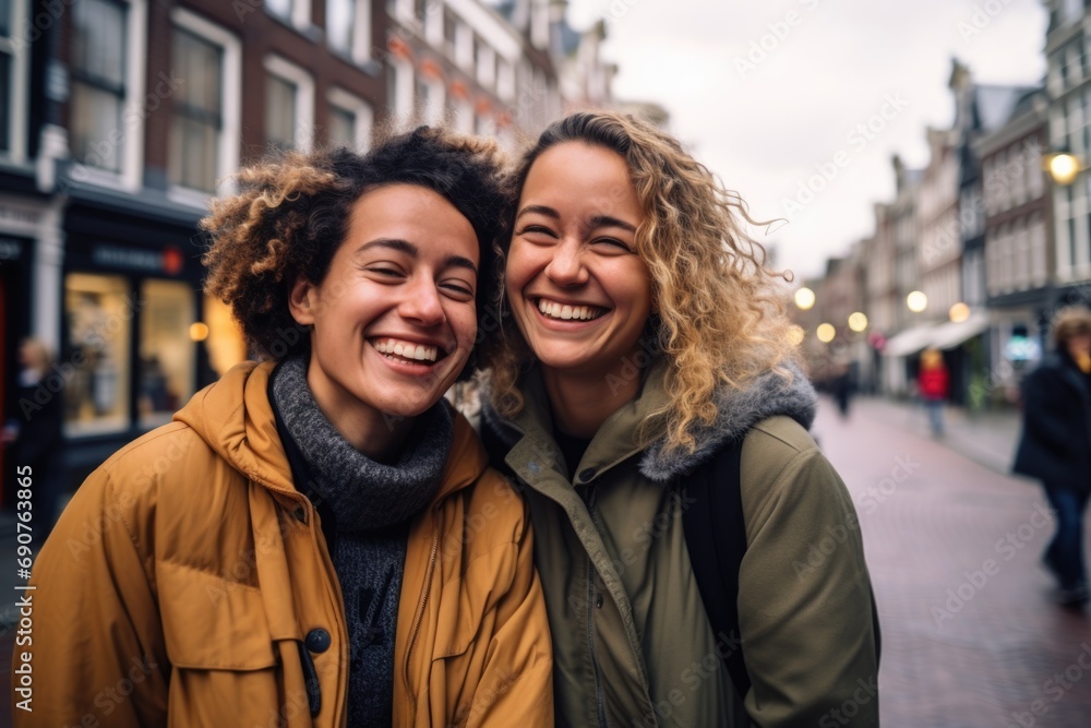 Smiling portrait of lesbian couple on the street Smiling portrait of lesbian couple on the street