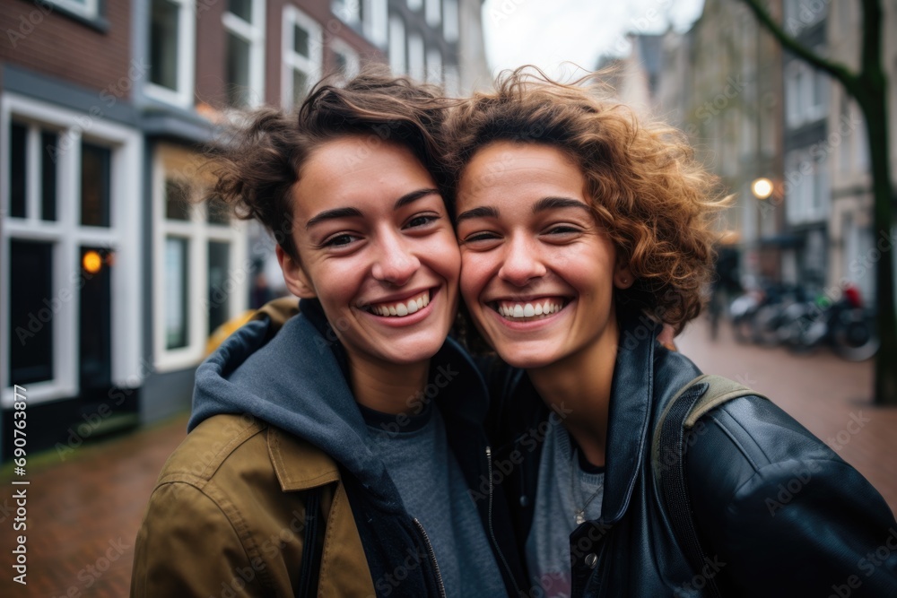 Smiling portrait of lesbian couple on the street Smiling portrait of lesbian couple on the street