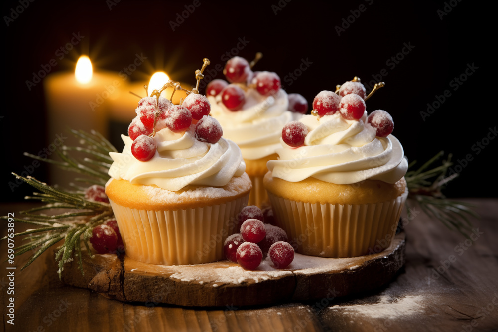 sweet cake with berries on a beautiful christmas background