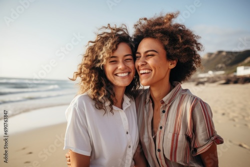 Portrait of a happy lesbian couple on the beach