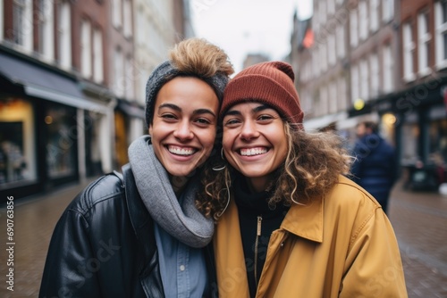 Smiling portrait of lesbian couple on the street