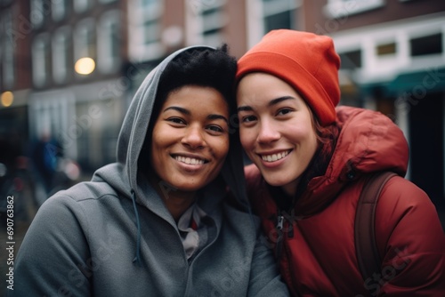 Smiling portrait of lesbian couple on the street