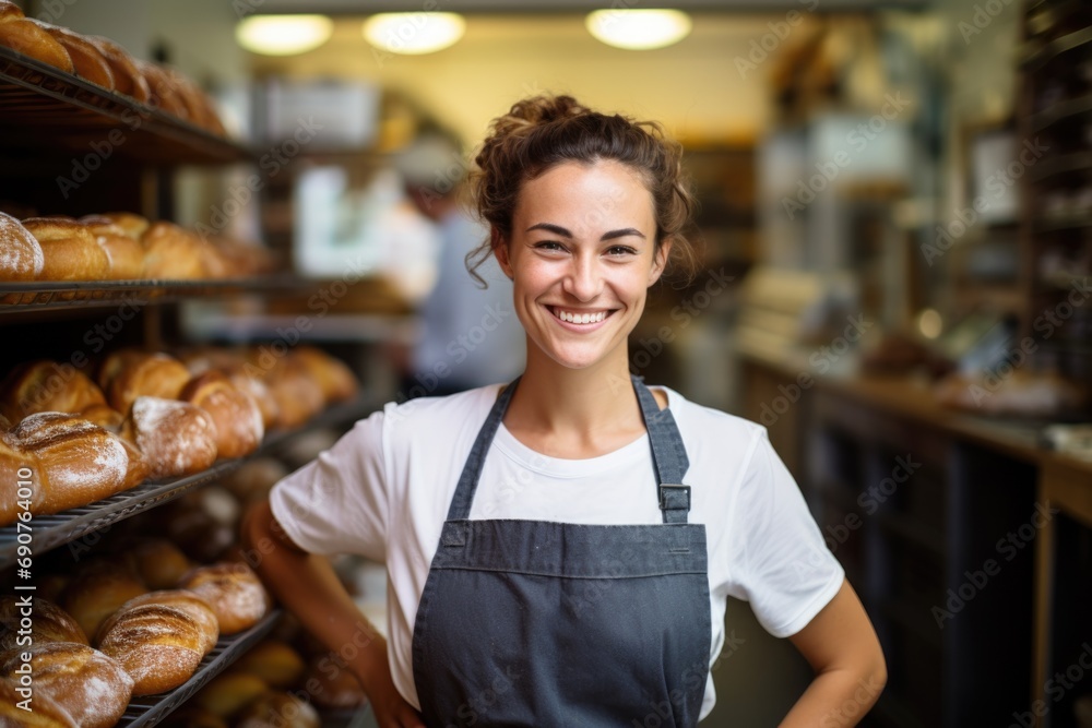 Smiling portrait of young woman working in bakery