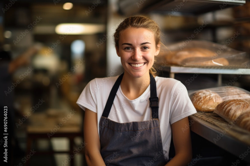 Smiling portrait of young woman working in bakery Smiling portrait of young woman working in bakery