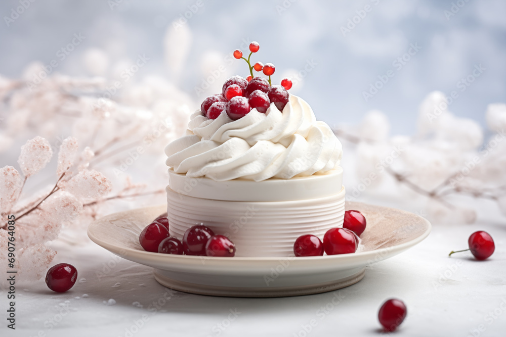 sweet cake with berries on a beautiful christmas background