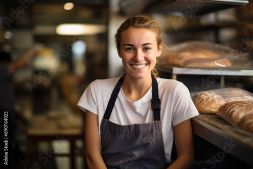 Smiling portrait of young woman working in bakery