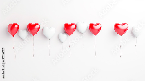 An image of delicate red and white heart-shaped balloons on white background whit copy space, concept of valentine's day, love, wedding day, anniversary.