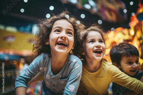 Portrait of little children having fun at indoor playground photo