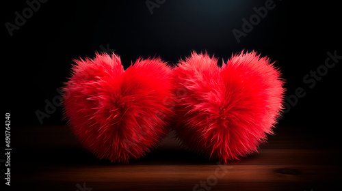 Two fluffy red fur hearts, puffy for Valentine's Day, on a wooden background, concept of love, Valentine's Day, wedding day.