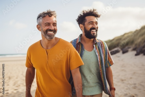 Smiling male gay couple walking on the beach