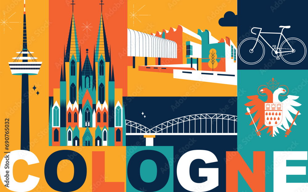Typography word “Cologne” branding technology concept. Collection of flat vector web icons. Culture travel set, famous architectures, specialties detailed silhouette. German famous landmark - obrazy, fototapety, plakaty 
