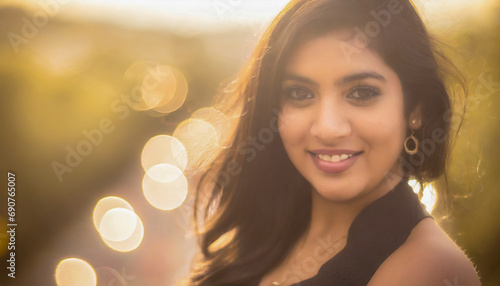 Attractive and smiling Hindu woman looking at camera