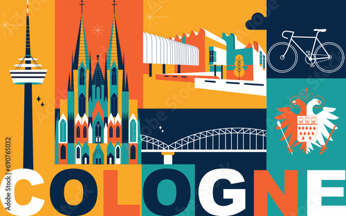 Typography word “Cologne” branding technology concept. Collection of flat vector web icons. Culture travel set, famous architectures, specialties detailed silhouette. German famous landmark photo