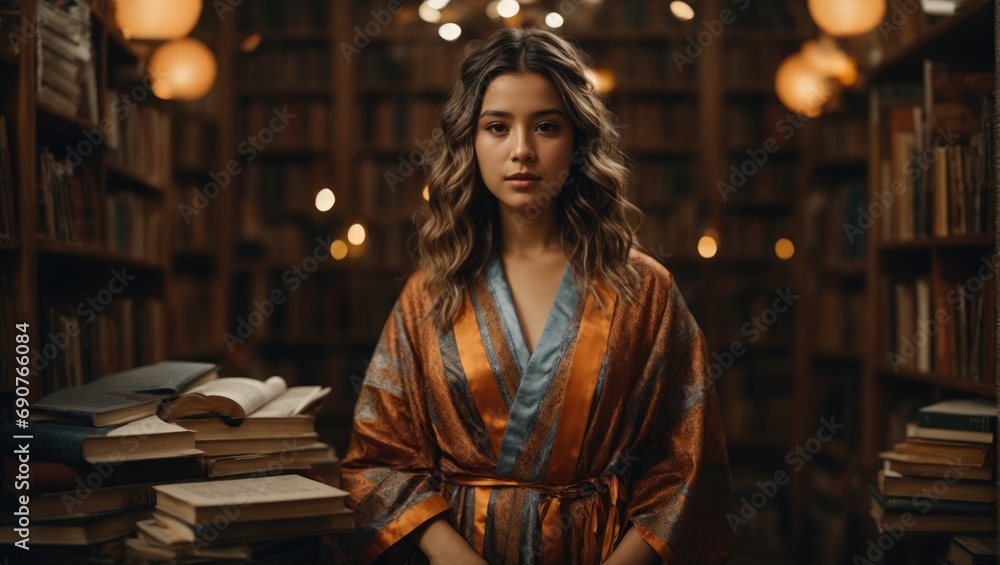 Smart and beautiful girl in the library