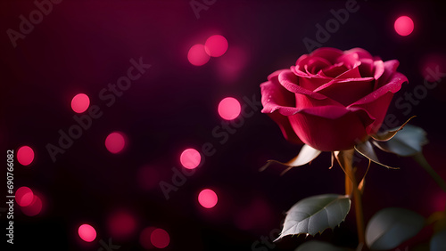 Red rose on dark background with bokeh lights and copy space.