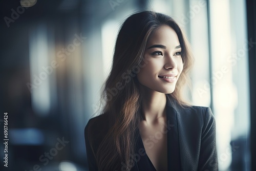 Wallpaper Mural An Asian businesswoman with long hair, exuding confidence and professionalism in a corporate office setting. Torontodigital.ca