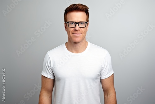 Happy Caucasian man with red hair and glasses, exuding confidence in a casual studio setting. © Iryna
