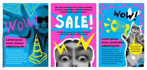 A set of grunge punk posters for sales, events, exhibitions. Halftone, retro collage. Template, design