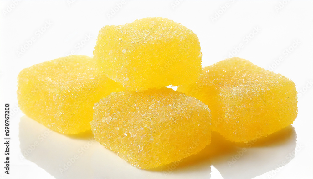 Tasty yellow jelly sugar candies isolated on white background Tasty yellow jelly sugar candies isolated on white background