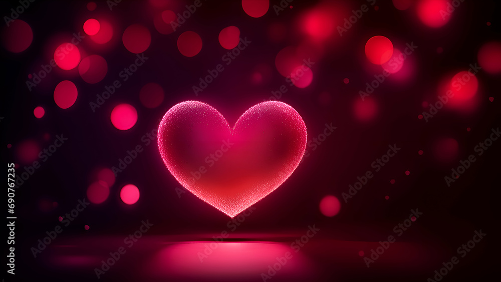 Glowing red heart with bokeh lights on a dark background.