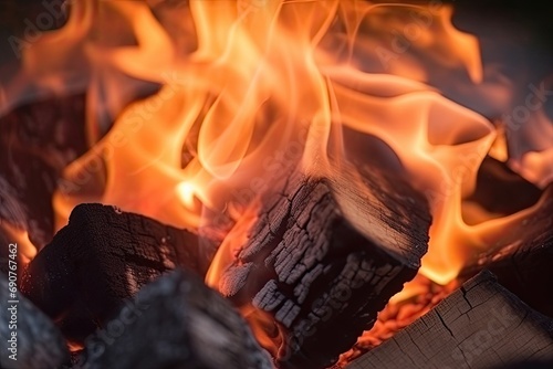 Burning logs with orange flame in fireplace, closeup 