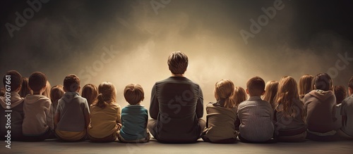 Rear view of group of school kids sitting and listening to teacher in classroom. Copyspace image. Header for website template photo