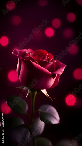 Valentines day wallpaper with beautiful red rose and bokeh lights.