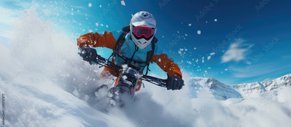 Winter Extreme Sport FPV Snowboarding Fun In Snow. Copyspace image. Header for website template Winter Extreme Sport FPV Snowboarding Fun In Snow. Copyspace image. Header for website template