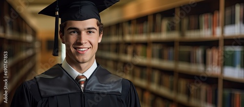 Young and smiling graduate holding her bachelor s degree and wearing a cap and gown inside a library during graduation. Copyspace image. Header for website template photo