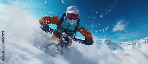 Winter Extreme Sport FPV Snowboarding Fun In Snow. Copyspace image. Header for website template