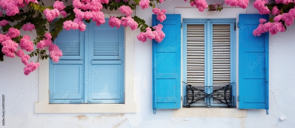Window with closed blue shutters with heart shaped cuts and bougainvillea flowers French Riviera South of France. Copyspace image. Header for website template