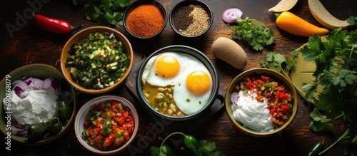 Tacos with eggs for breakfast and variety of mexican dishes. Copyspace image. Header for website template