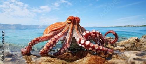 Scared common octopus Octopus vulgaris Argeles sur mer Vermilion Coast Roussillon Mediterranean sea France. Copyspace image. Header for website template photo